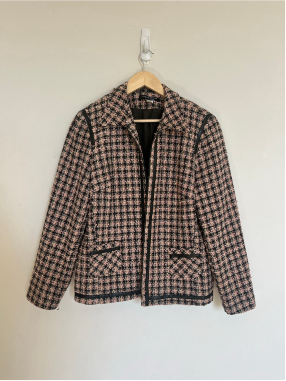 100% Wool Tweed Blazer Jacket Black Pink Zip Up Preppy Corporate Feminine